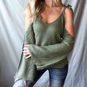 Womens Olive Cold Shoulder Ribbon Tie Bell Sleeve Relaxed Loose Knit Sweater Top